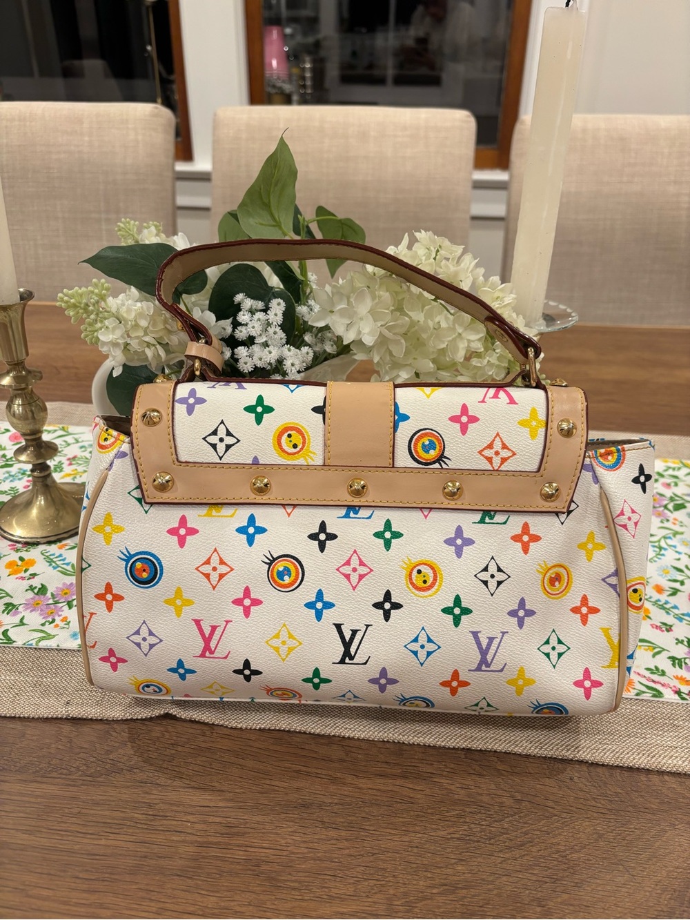 Louis Vuitton White Multicolor Monogram Canvas Shoulder Bag with Bow - Picture 4 of 5